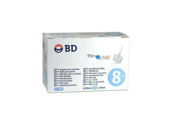 BD Thin Wall 8 Αποστειρωμένες Βελόνες για Πένες Ινσουλίνης Διαστάσεις 0.25x8mm (31G) 100τμχ