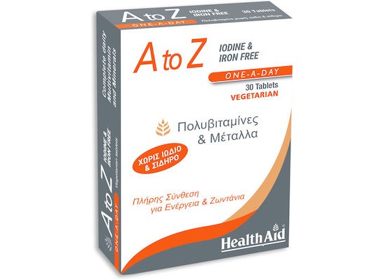 Health Aid A To Z Iodine & Iron Free Συμπλήρωμα Διατροφής με Πολυβιταμίνες & Μέταλλα για Ενέργεια & Ζωντάνια 30 ταμπλέτες