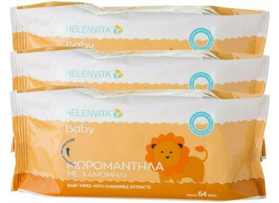 HELENVITA Baby Μωρομάντηλα χωρίς Οινόπνευμα & Parabens με Χαμομήλι 3x64τμχ