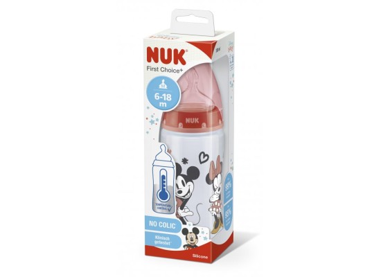 NUK Πλαστικό Μπιμπερό First Choice Plus Temperature Control Mickey & Minnie Κατά των Κολικών με Θηλή Σιλικόνης 300ml για 6-18 μηνών Grey