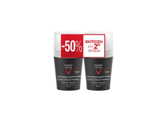 VICHY Promo Anti Transpirant 72h Roll On Ανδρικό Αποσμητικό Έντονης Εφίδρωσης με Άρωμα 2x50ml