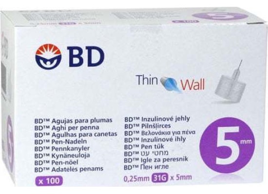BD Thin Wall (0.25 x 5mm) - Αποστειρωμένες Βελόνες Ινσουλίνης (100τμχ)