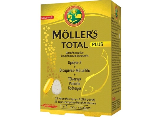 Moller's Total Plus Συμπλήρωμα Διατροφής με Ωμέγα 3 Βιταμίνες Μέταλλα και Τζίνσενγκ, Ροδιόλα & Κράταιγο (28 caps + 28 tabs)