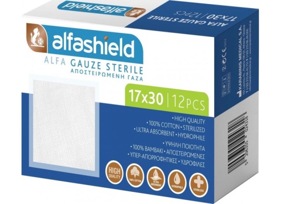 ALFASHIELD Alfa Gauze Αποστειρωμένη Γάζα 17cm x 30cm 12τεμάχια