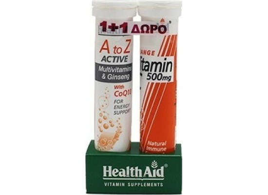 HEALTH AID A to Z Active Multivitamins, Ginseng & CoQ10 Tutti Frutti 20 eff tabs & Δώρο Vitamin C 1000 mg 20 eff tabs Orange